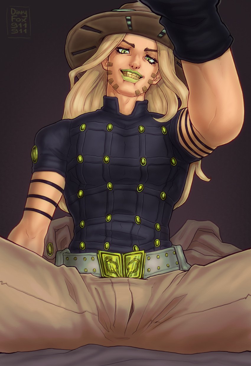 blonde_hair bulge clothing commission cowboy cowboy_hat facial_hair fully_clothed gold_teeth golden_teeth green_eyes green_lipstick gyro_zeppeli jojo's_bizarre_adventure lipstick long_hair male male_focus male_only miserdirt petting_head pov pov_crotch pov_eye_contact self_upload smile steel_ball_run teeth