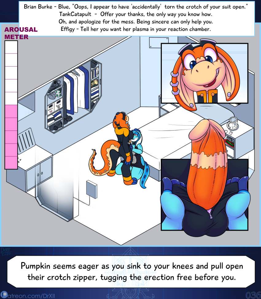 anthro big_breasts blueberry_kobold breasts digital_media_(artwork) drxii duo english_text erection female genitals gynomorph gynomorph/female hi_res intersex intersex/female kobold kobold_quest penis pumpkin_kobold text