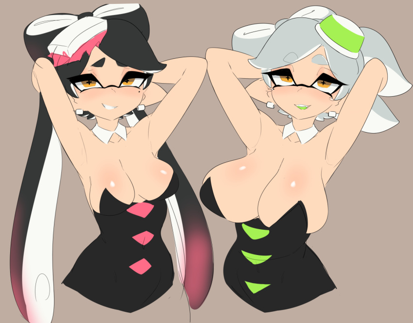 +_+ 2girls apple_green_clothing armpits arms_behind_head arms_up bare_shoulders black_dress black_hair breasts brown_background callie_(splatoon) cleavage clothed clothing collar collarbone domino_mask dress flat_color fully_clothed grey_hair hair_ornament large_breasts long_hair marie_(splatoon) mask medium_breasts mole mole_under_eye multicolored_hair multiple_girls nintendo open_mouth pink_hair pointy_ears pseudo_hair shnibbles short_hair silver_hair simple_background sketch smile splatoon splatoon_(series) splatoon_1 squid_sisters teeth tentacle_hair two-tone_hair upper_body yellow_eyes