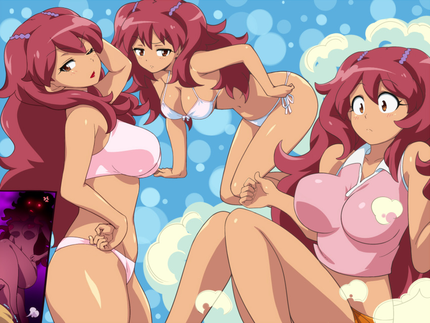 adjusting_clothes adjusting_swimsuit age_progression all_fours alternate_costume anger_vein annoyed bikini bra breasts bubble_background female female_focus groin hair_between_eyes hairu highres hinata_natsumi keroro_gunsou knees_together_feet_apart large_breasts legs long_hair navel one_eye_closed panties parted_lips raised_eyebrows red_eyes red_hair short_shorts shorts simple_background sitting standing string_bikini swimsuit thighs twintails two_side_up underwear