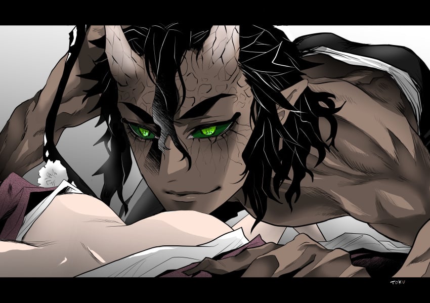 1boy 1boy1girl 1girl 1girls before_rape before_sex boob_window breasts breasts_out captured color_manga colored colored_manga dark-skinned_male dark_skin demon_horns demon_slayer dominant_male domination faceless_female female female_pov green_eyes green_sclera grope groping hantengu heterosexual japanese japanese_clothes japanese_female karaku kimetsu_no_yaiba kimono long_hair long_hair_male long_nails male/female male_focus manga_style medium_breasts missionary missionary_position muscular_male on_top pale-skinned_female pale_skin pinned_down pov_female sharp_nails squirming straight tan-skinned_male tokumei_syugyou upper_moon y/n