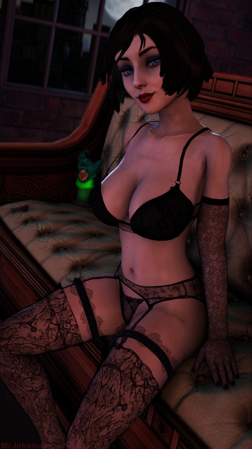 3d athletic athletic_female big_breasts bioshock bioshock_infinite blue_eyes bra breasts busty elbow_gloves elizabeth_comstock eyeshadow female female_focus female_only garter_belt garter_straps hourglass_figure human lingerie makeup mr.inhuman nude nude_female nudity panties stockings tagme thong wide_hips