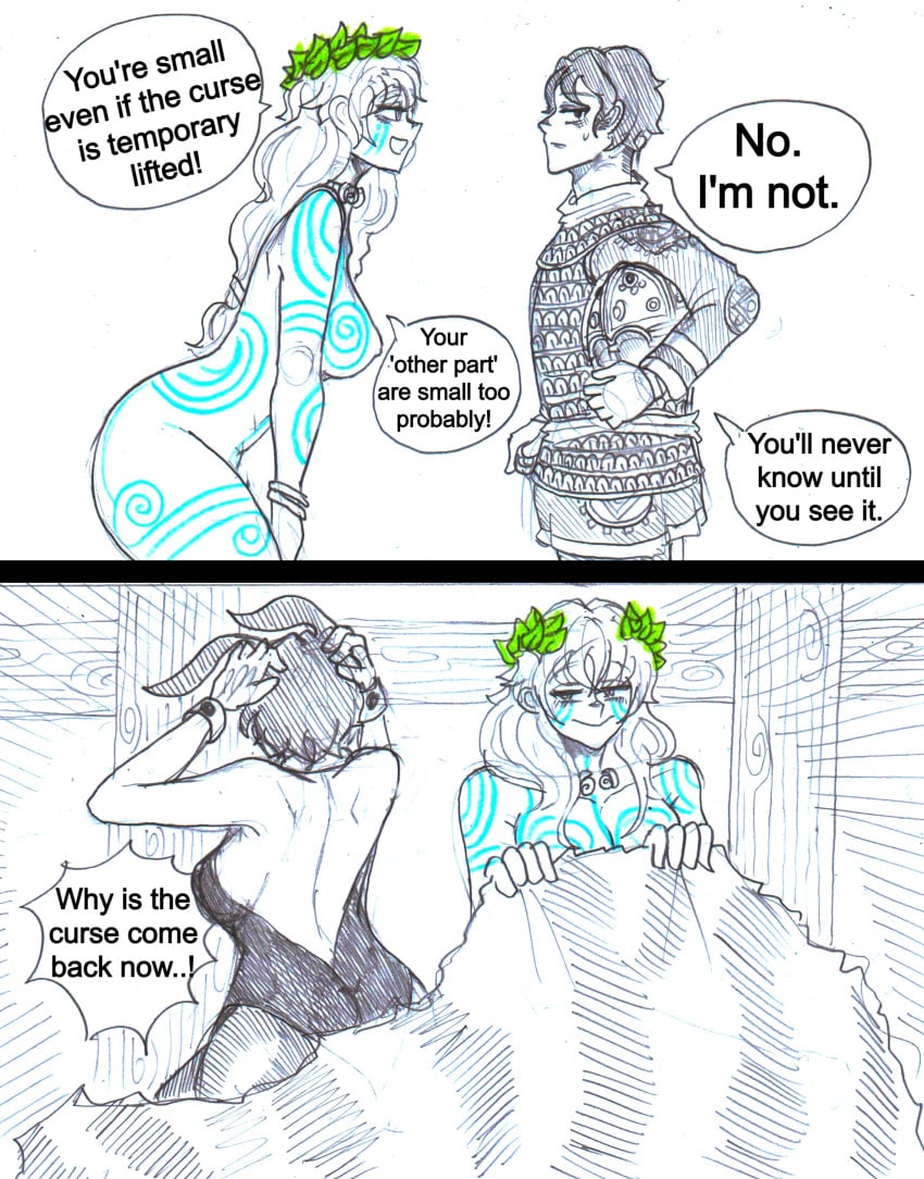 1boy 1girls 2024 anonhistory big_breasts bodypaint bunny_girl bunnysuit celtic celtic_tattoos comic_strip completely_nude_female cursed_centurion_(anonhistory) featureless_breasts gender_transformation pictish_witch_(anonhistory) roman taller_girl text witch yuri