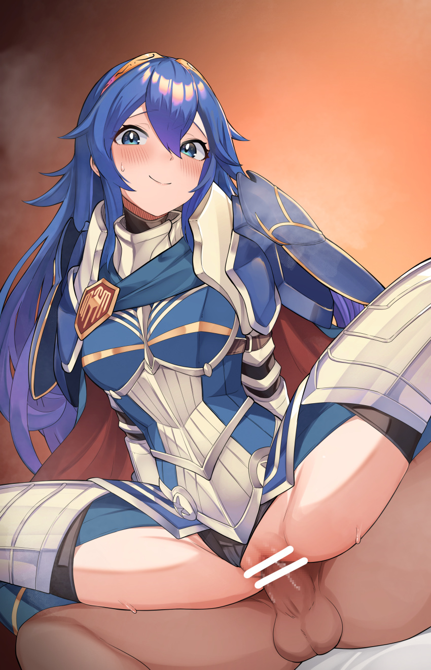 1boy 1girls absurdres alternate_costume armor bar_censor black_panties blue_eyes blue_hair blush cape censored closed_mouth clothing_aside commentary_request female female_focus fire_emblem fire_emblem_awakening fire_emblem_heroes highres knight long_hair lucina_(fate's_resolve)_(fire_emblem) lucina_(fire_emblem) male mosaic_censoring nintendo official_alternate_costume orange_background paid_reward_available panties panties_aside penis pussy r-man red_cape sex smile solo_focus straight sweat tiara underwear vaginal_penetration