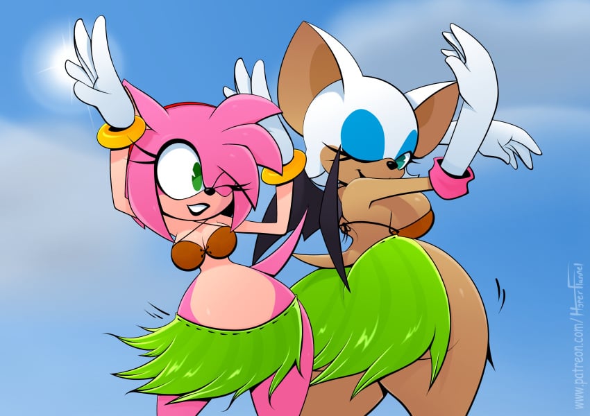 2d 2d_(artwork) 2d_artwork amy_rose big_breasts bikini blue_eyeshadow bra breasts_bigger_than_head coconut_bra dancing dat_ass eyelashes gloves green_eyes hawaiian huge_breasts hyperflannel large_ass large_breasts lei_(clothing) lipstick mobian mobian_(species) mobian_bat pink_fur rouge_the_bat sega skirt sonic_(series) sonic_adventure_2 sonic_the_hedgehog_(series) thick thick_ass thick_butt thick_hips thick_legs thick_lips thick_thighs