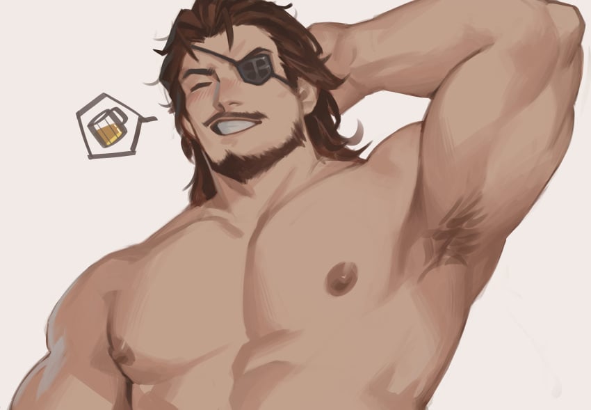 1boy 1human 1male 2d 2d_(artwork) 2d_artwork adorable bara bara_tiddies bara_tits blush blushing_male brown_hair cute eugen_(granblue_fantasy) eyepatch granblue_fantasy hand_behind_head himbo ibarra_bara manly masculine middle_aged middle_aged_male middle_aged_man muscular muscular_male smiling