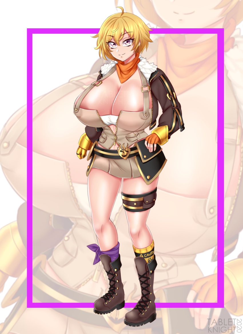 1girls alternate_breast_size areola_slip big_breasts breasts cleavage clothed curvy ember_celica female full_body huge_breasts nipple_bulge posing prosthetic prosthetic_arm robotic_arm rwby seductive short_hair skirt smile solo source_request standing tabletknight yang_xiao_long zoom_layer