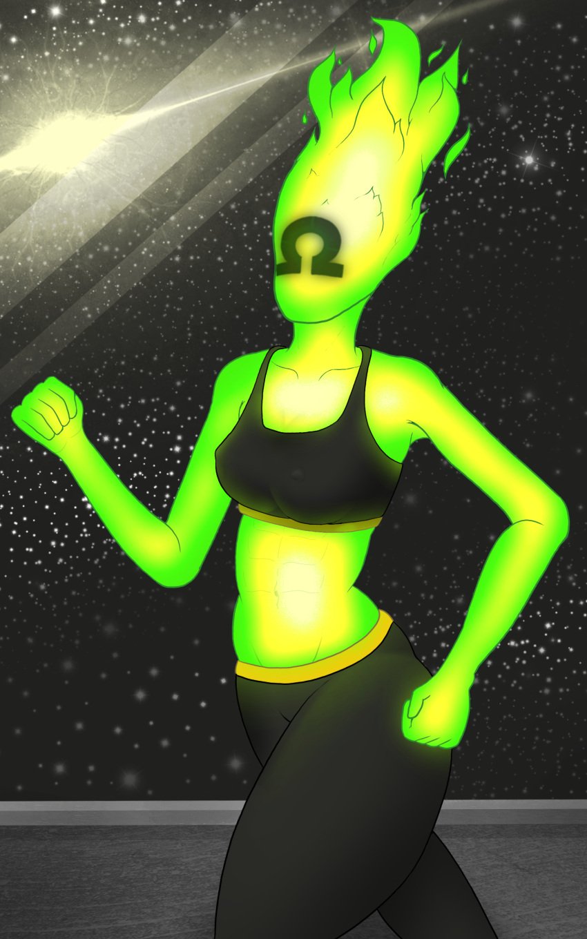 1girls belly_button epic_omi fire_hair fit_female fully_clothed green_hair jogging leggings midriff nipples_visible_through_clothing novakid original_character self_upload six_pack small_breasts space sports_bra sportswear starbound