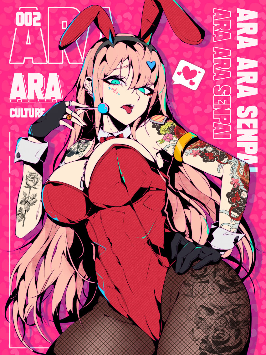 absurdres animal_ears arm_tattoo armlet arrow_through_heart asymmetrical_gloves black_gloves bow bowtie breasts candy collar covered_navel cowboy_shot darling_in_the_franxx defaultz detached_collar ear_piercing earrings fake_animal_ears female fingerless_gloves fishnet_pantyhose fishnets flower flower_tattoo food gloves green_eyes hair_ornament heart heart_background heart_hair_ornament highres holding holding_candy holding_food holding_lollipop horns jewelry leotard lollipop long_hair medium_breasts mismatched_gloves multicolored_horns pantyhose piercing pink_background pink_hair playboy_bunny rabbit_ears red_bow red_bowtie red_leotard ring rose rose_tattoo single_fingerless_glove skull_tattoo spoken_heart tattoo tongue tongue_out white_collar white_wrist_cuffs wrist_cuffs zero_two_(darling_in_the_franxx)