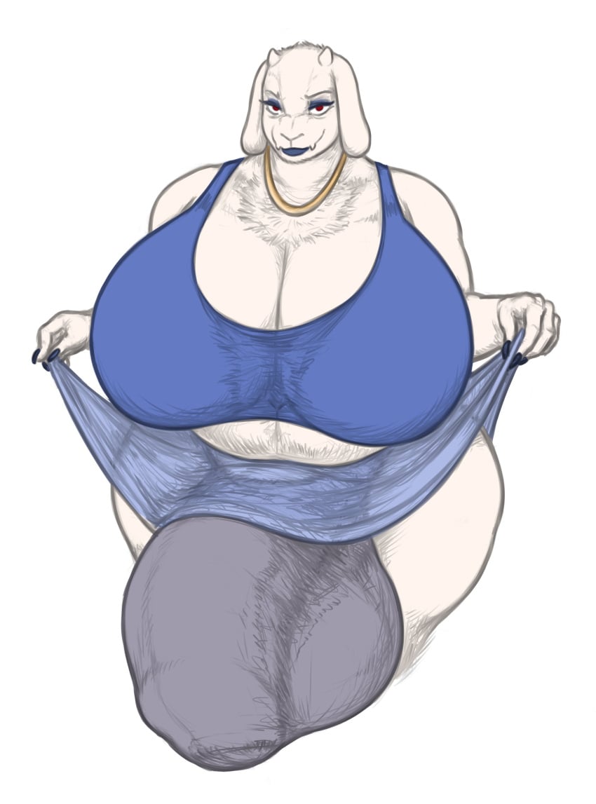 2024 2_horns absurd_res anthro balls_outline big_bulge biped bottomwear bovid breasts bulge caprine cleavage clothed clothing clothing_lift detailed_bulge flaccid fur futa futa_only futanari genital_outline genitals goat gynomorph hi_res horn hornyzhopa huge_bulge hyper hyper_bulge intersex jewelry looking_at_viewer mammal necklace penis penis_outline red_eyes simple_background skimpy skirt skirt_lift solo toriel undertale_(series) white_background white_body white_fur