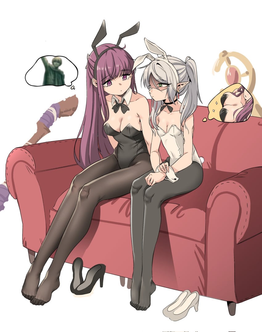 2girls big_breasts bunny_costume bunny_ears bunny_girl bunnygirl bunnysuit elf elf_ears elf_female elf_girl feet female female_only fern_(sousou_no_frieren) frieren green_eyes high_heels_removed long_hair mangpoom multiple_girls petite petite_body petite_female purple_eyes purple_hair slim_waist small_breasts smaller_female sousou_no_frieren taller_girl tied_hair white_hair wide_hips