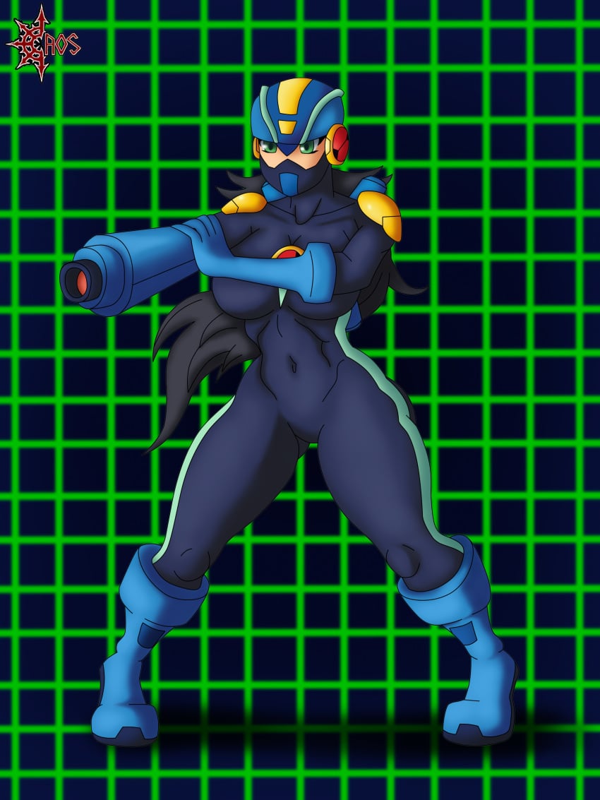 1girls black_hair caosenriqueart capcom female green_eyes long_hair mega_man mega_man_battle_network megaman.exe rule_63