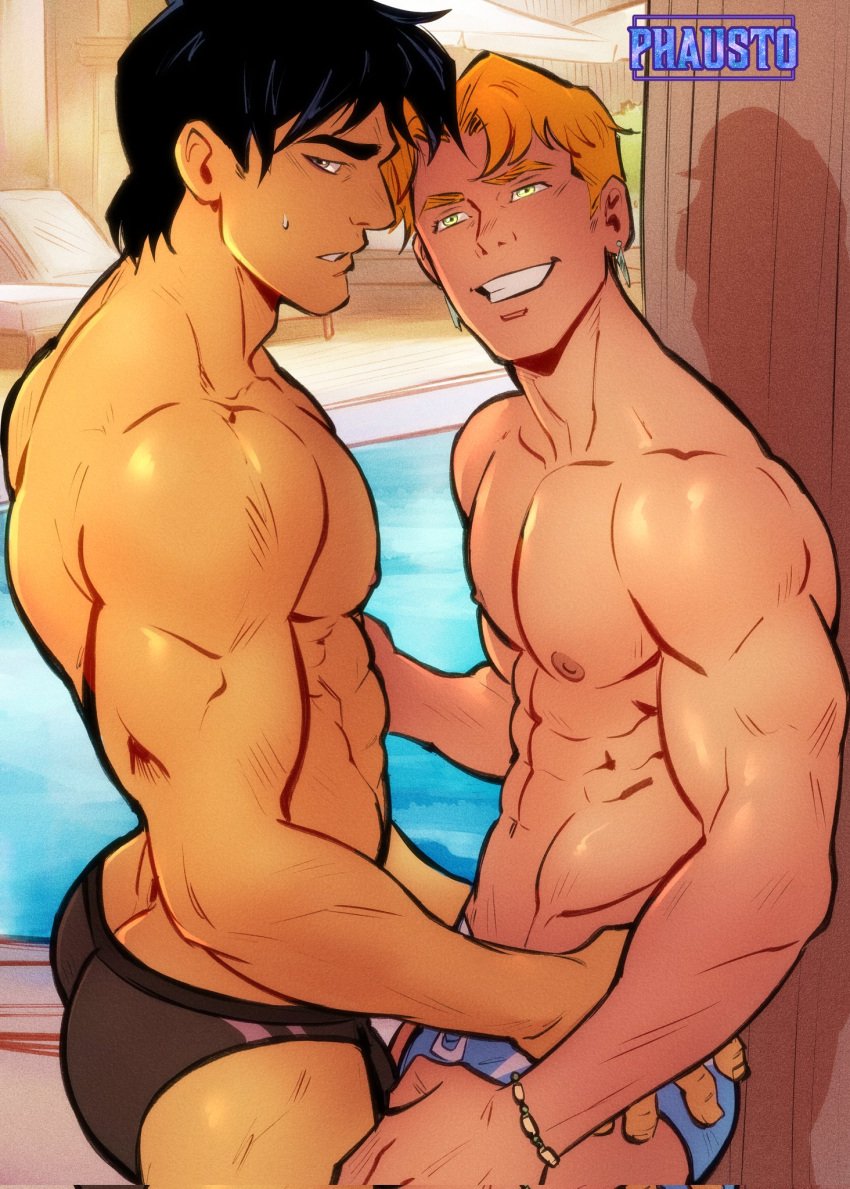 2boys asian_male bara big_ass black_hair black_hair_bottom caucasian_male daniel_(dsg) dimensional_soldiers_g domination east_asian_male gay ginger ginger_hair grinning holding_hips holding_partner imminent_sex light_hair_on_dark_hair looking_at_partner looking_back male male/male male_focus male_only muscles muscular muscular_male nipples pecs pectorals phausto red_hair red_hair_on_black_hair red_hair_top speedo suyin_(dsg) sweat sweatdrop sweating swimming_pool swimsuit swimwear yaoi