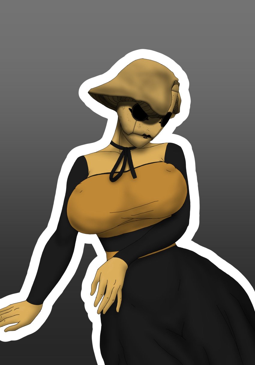 betty_(bendy_and_the_dark_revival) blank_background dress female_only fully_clothed gypsy_ranger hourglass_figure looking_down sitting white_outline wide_hips