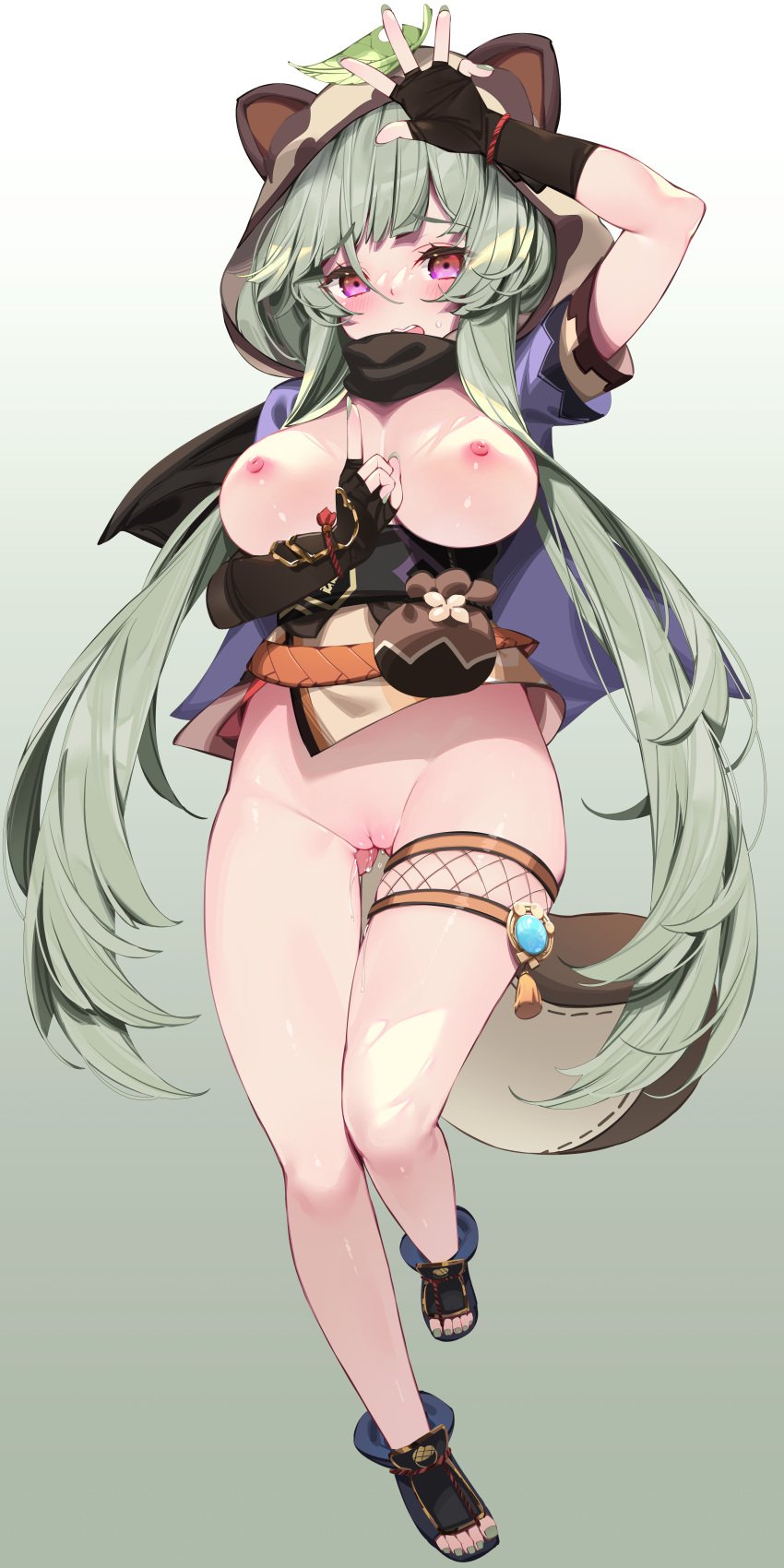 absurdres aged_up animal_ears animal_hood areola areolae bangs big_breasts blunt_bangs blush breasts fake_animal_ears female female_focus female_only genshin_impact gloves highres hood huge_breasts japanese_clothes large_breasts leaf leaf_on_head light-skinned_female light_skin looking_at_viewer navel nipples open_mouth pussy raccoon_ears sayu_(genshin_impact) short_hair short_hair_with_long_locks sidelocks solo solo_female solo_focus thigh_gap uncensored waterring wet wet_pussy