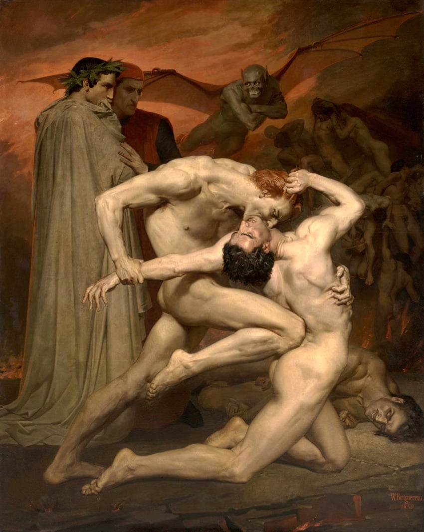 1850 19th_century 1girls 6+boys absurd_res ancient_art arm_grab being_watched black_hair capocchio catholic christianity cloak clothed clothed_male_nude_female clothed_male_nude_male clothing completely_nude completely_nude_female completely_nude_male crossed_arms dante's_inferno dante_alighieri dante_and_virgile demon demon_humanoid detailed detailed_background devil female fight fine_art flying green_body green_skin group hair hell hi_res human humanoid humanoid_hands humanoid_pointy_ears literature looking_at_another male male_focus mammal membrane_(anatomy) membranous_wings nipples nude oil_painting_(artwork) orange_hair orange_sky painting_(artwork) photorealism public_domain publius_vergilius_maro realistic red_clothing schicchi sharp_teeth sky teeth traditional_media_(artwork) william-adolphe_bouguereau wings wreath