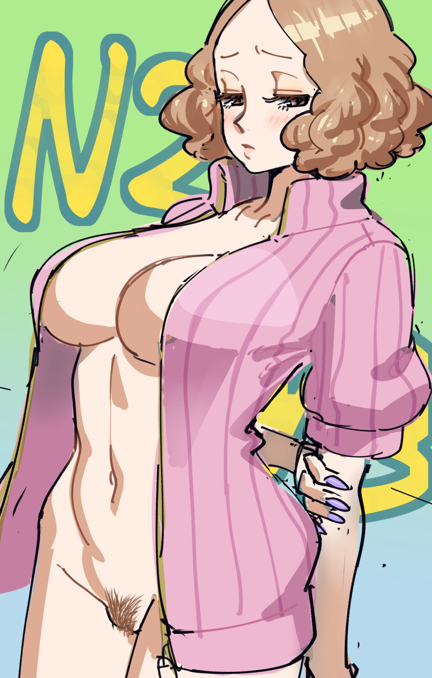 atlus big_breasts breasts brown_hair female female_human female_only haru_okumura jacket large_breasts looking_at_viewer open_jacket pale-skinned_female pale_skin persona persona_5 poechan pubic_hair