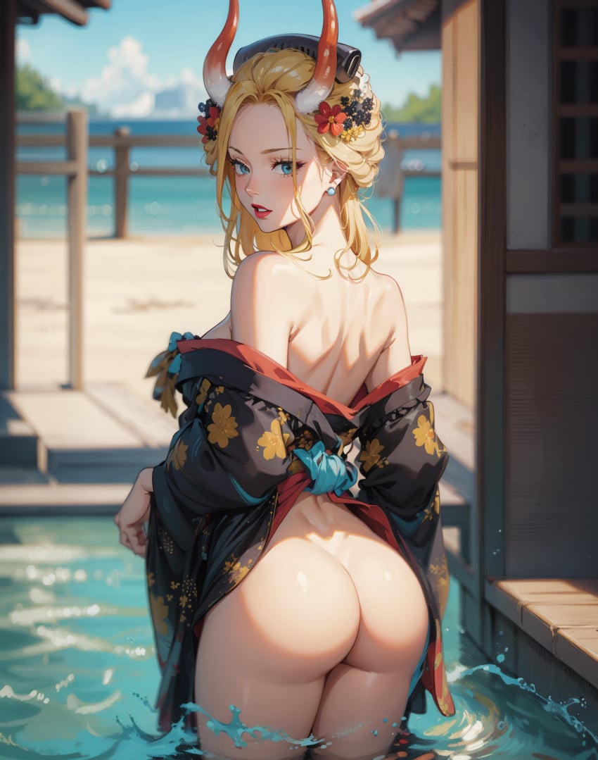 ai_generated ass ass_focus beast_pirates black_maria blonde_hair blue_eyes bottomless bottomless_female breasts female female_only geisha horn horns kimono large_breasts one_piece wano_country zileanbabyaight