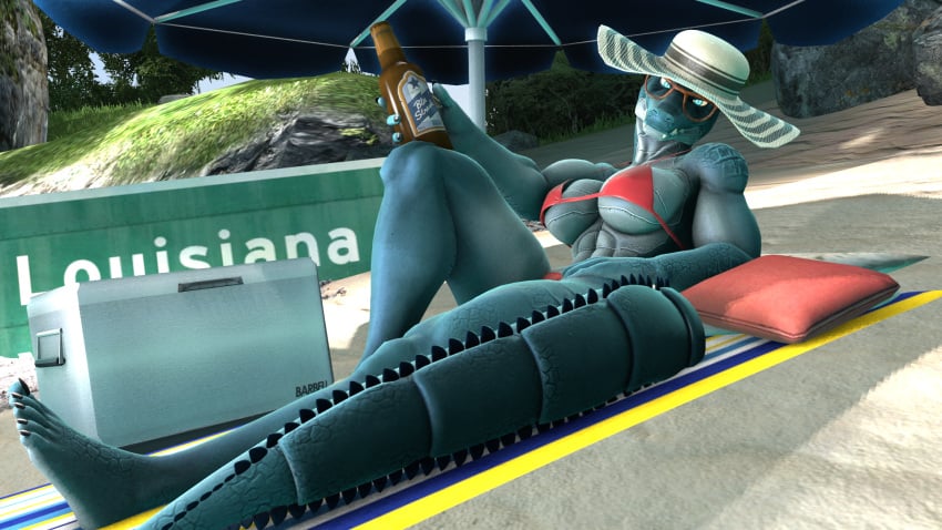 abs anthro athletic athletic_female beach beer bikini blue_eyes blue_scales crocodile_(petruz) crocodilian crocodylid female female female_only glasses hat humanoid looking_at_viewer mr_sfm muscular muscular_female petruz_(copyright) photo red_bikini sfm solo source_filmmaker