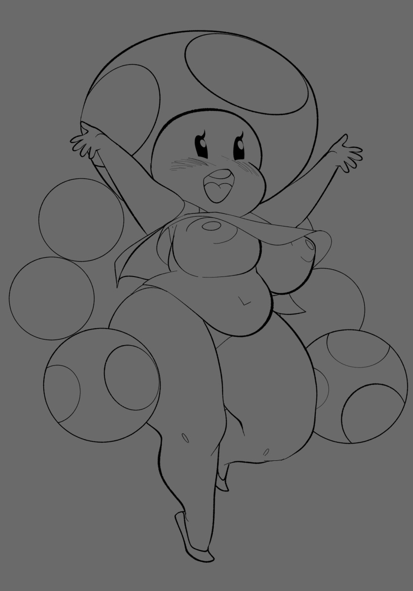 1girl 1girls arms_up belly big_breasts blush breasts female female_only full_body happy hips humanoid mario_(series) mob_face monochrome mushroom_girl mushroom_humanoid nintendo nipples no_color open_mouth panties pathesis shortstack simple_background sketch smile solo standing toad_(mario) toadette twintails wide_hips