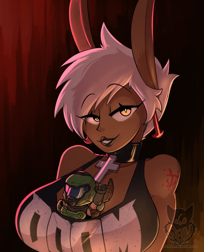 1girls anthro anthrofied batartcave between_breasts big_ears bunny_ears choker cleavage clothed cross daisy_(deputyrustart)​ daisy_(doom) daisy_eternal_(deputyrustart)​ dark-skinned_female dark_skin deputyrust doom doom_eternal doom_slayer_(doom) eye_contact eyelashes female female_only furry half-closed_eyes human humanized lagomorph large_breasts long_ears looking_at_viewer male male_human/female_anthro patreon rabbit red_background solo tank_top tattoo text toy url watermark white_hair