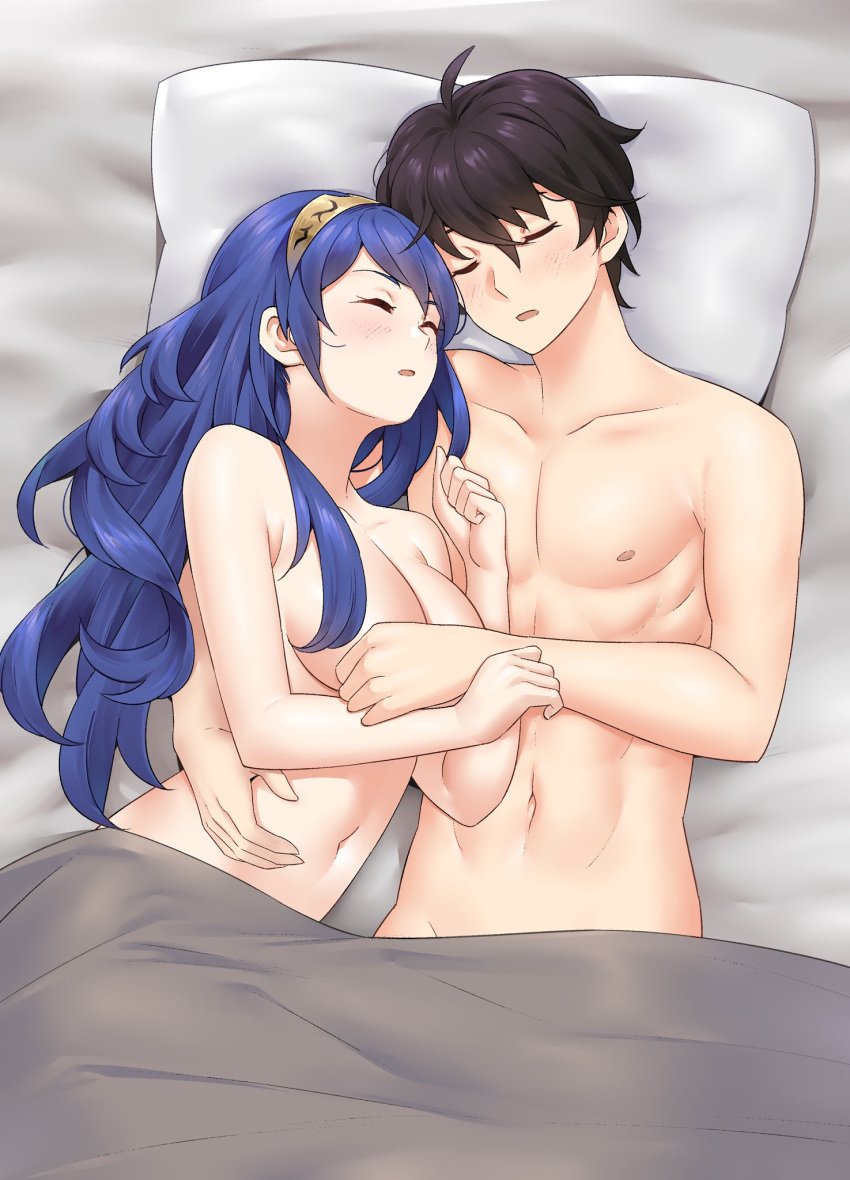 1boy 1girls atlus black_hair blue_hair breasts closed_eyes completely_nude crossover cuddling female fire_emblem fire_emblem_awakening igni_tion in_bed joker_(persona) lucina_(fire_emblem) male medium_breasts nintendo nude persona persona_5 ren_amamiya sleeping tiara under_blanket