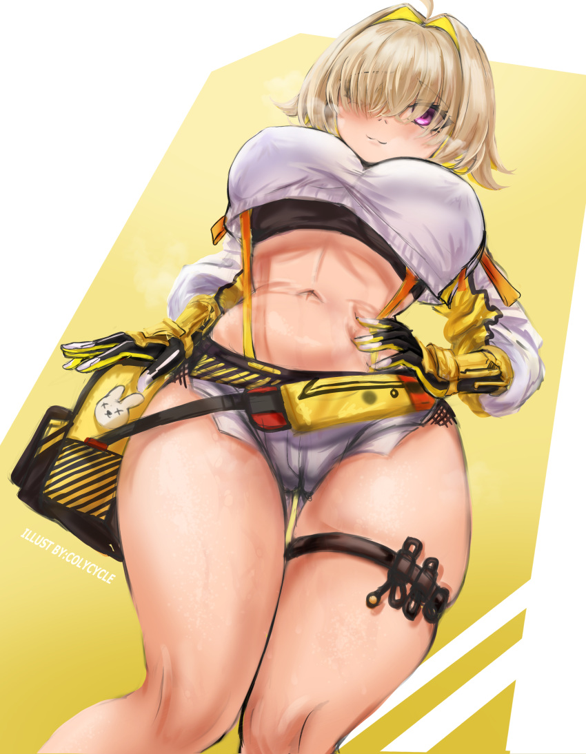 1girls big_breasts blonde_hair breasts cameltoe clothing colycycle elegg_(nikke) female female_only goddess_of_victory:_nikke hair_over_one_eye hand_on_hip huge_breasts solo thick_thighs wide_hips