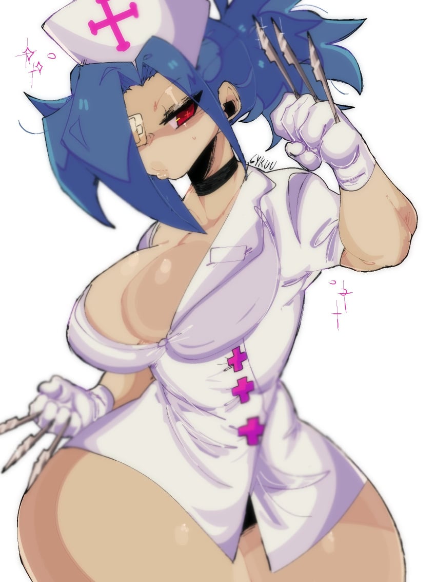 blue_hair breasts breasts_out clothing female hips human medical medical_instrument muscles natural_colors nurse red_eyes skullgirls small_lips solo_female tagme thick_thighs tight_clothing v4mp1333 valentine_(skullgirls) wide_hips