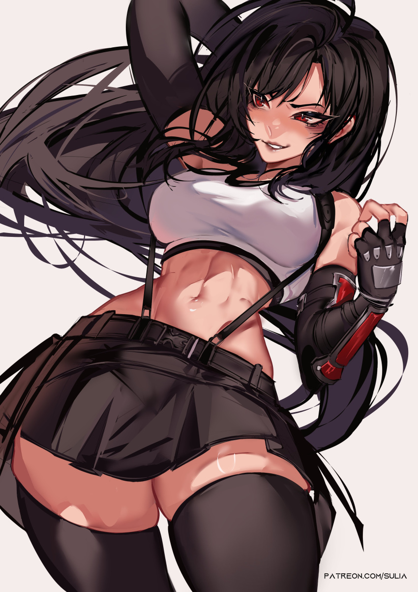 1girls abs big_hips big_thighs black_hair clothed female final_fantasy final_fantasy_vii gloves huge_thighs large_hips large_thighs red_eyes skirt solo square_enix suliavtuber thick_thighs thighhighs tifa_lockhart toned toned_female wide_hips wide_thighs