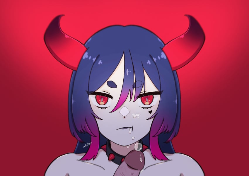 choker cum cum_in_mouth cumdrip demon_girl demon_horns facial facial_tattoo fellatio goth_fashion highres horns non-web_source oral tattoo