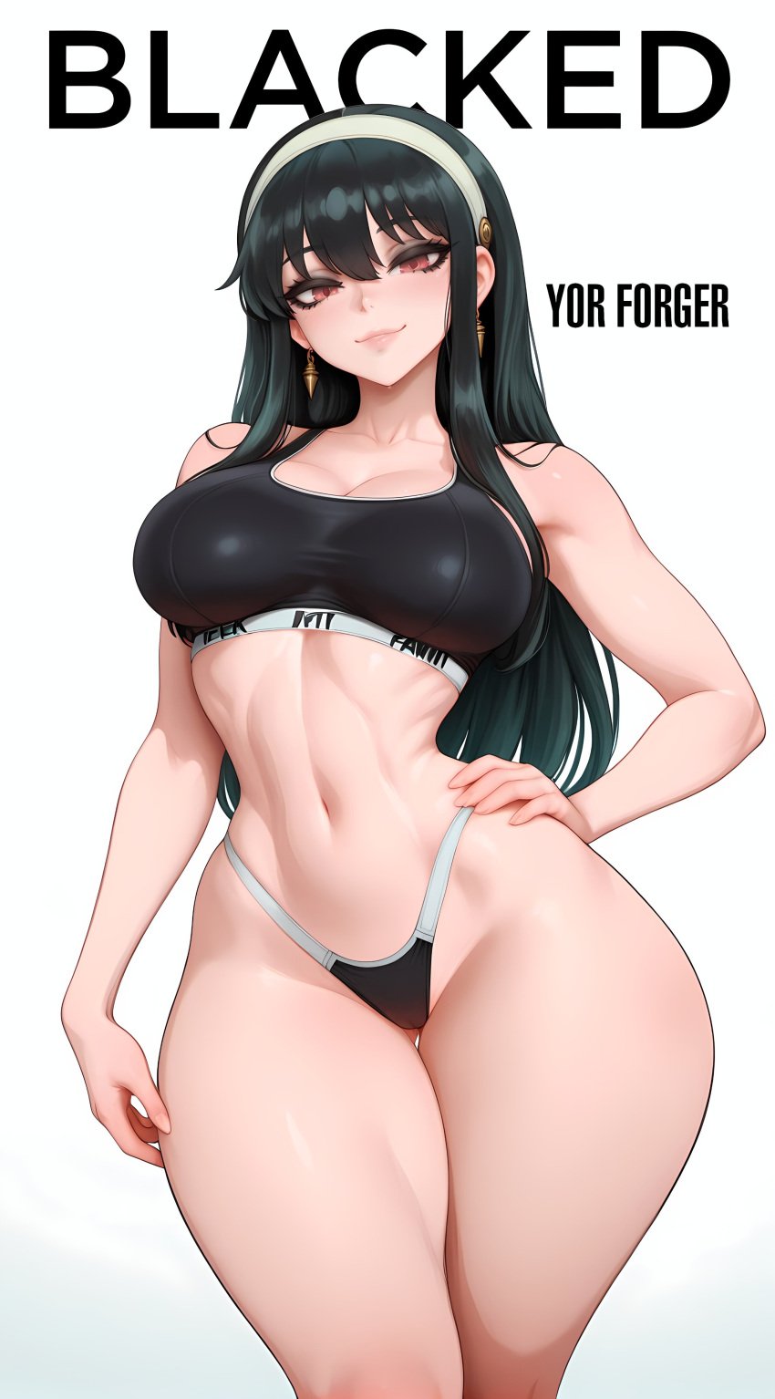 1girls ai_generated bangs bare_shoulders black_bra black_clothes black_hair black_panties black_underwear blacked blush bra breasts character_name clavicle cleavage closed_mouth clothing cowboy_shot curvaceous curvaceous_female curvaceous_figure curvy curvy_figure earrings female female female_focus female_only gold_earrings hairband hand_on_hip headwear highleg highleg_panties inviting inviting_to_sex jewelry large_breasts lips long_hair looking_at_viewer midriff modeling navel pantsu presenting presenting_ass presenting_breasts presenting_hindquarters presenting_self randoai red_eyes seductive seductive_look seductive_smile sidelocks simple_background smile solo sports_bra spy_x_family stable_diffusion standing stomach swimsuit text thick_thighs thigh_gap thighs toned underwear underwear_only voluptuous voluptuous_female white_background white_hair_ornament white_hairband wide_hips yor_briar yor_forger