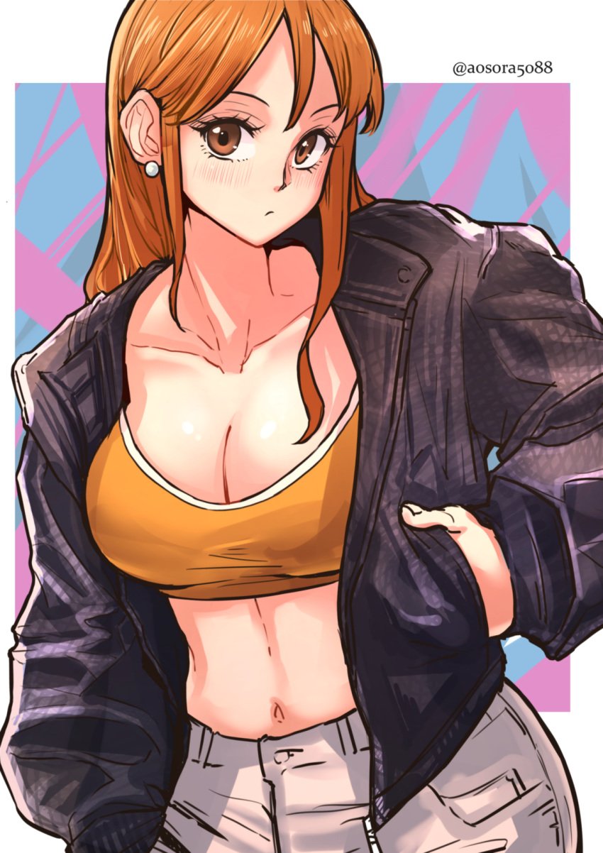 1girls aosora black_jacket breasts earrings female female_only hand_in_pocket jacket large_breasts long_hair looking_at_viewer midriff nami navel one_piece open_jacket orange_eyes orange_hair orange_sports_bra pants post-timeskip sports_bra white_pants