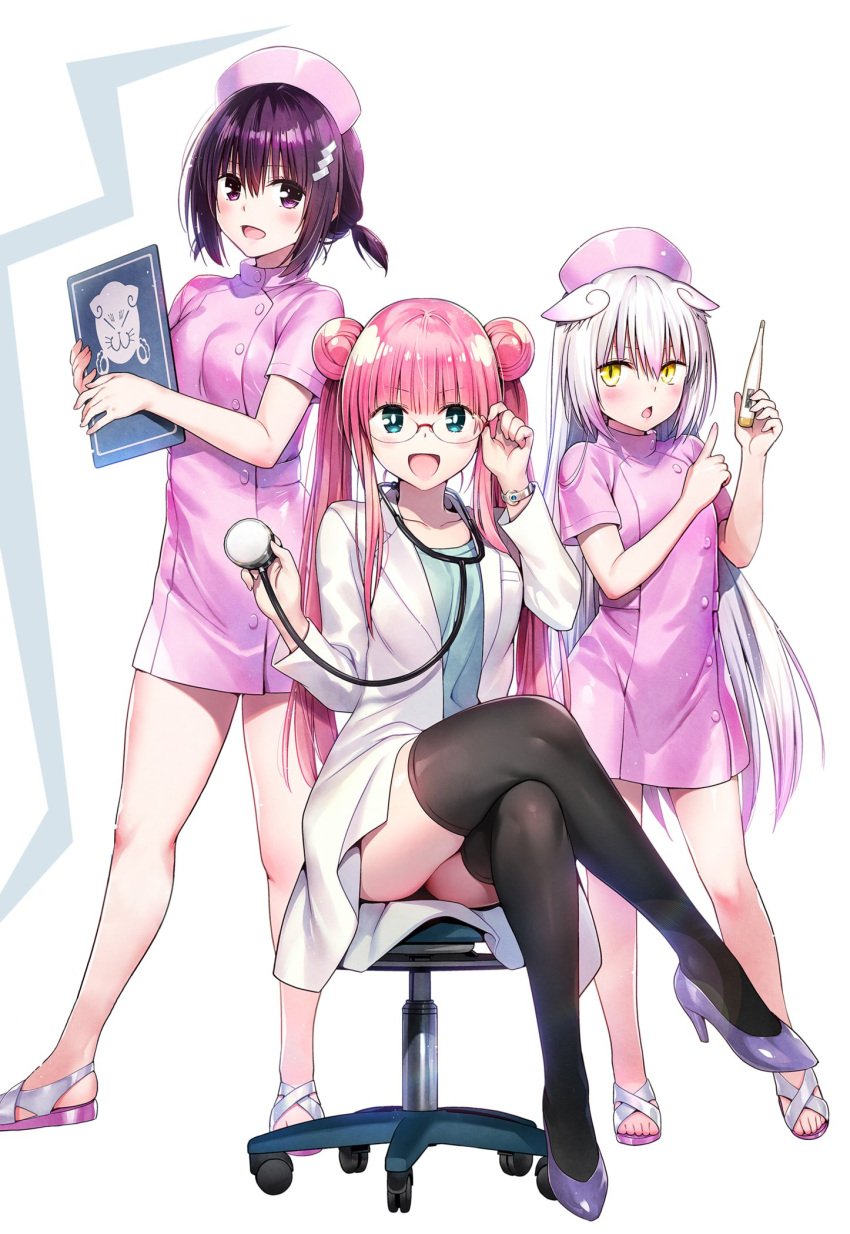 3girls ayakashi_triangle blue_eyes bracelet breasts chair clipboard doctor glasses green_shirt hairclip high_heels holding_clipboard holding_thermometer kanade_suzu korogi_reo labcoat long_hair looking_at_viewer nurse nurse_cap nurse_uniform pink_eyes pink_hair purple_hair sandals shirt short_hair sitting_on_chair small_breasts stethoscope thermometer thighhighs twintails white_background white_hair yabuki_kentarou yellow_eyes