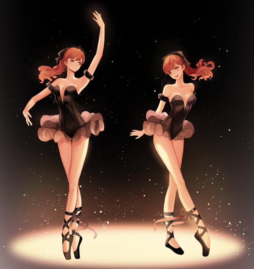 1girls armlet ballerina ballet ballet_dress ballet_slippers black_dress breasts dancing dress hairbow kasumi_yoshizawa looking_at_viewer medium_breasts persona persona_5 persona_5_royal ponytail red_eyes red_hair stage_lights sumire_yoshizawa take_your_pick tiptoes tutu yaoko