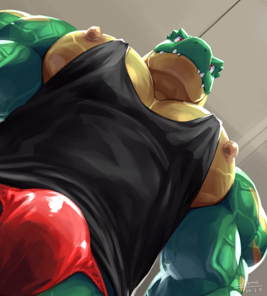 2024 9:10 anthro artist_name biceps big_pecs black_clothing black_shirt black_tank_top black_topwear bulge ceiling clothing dated deltoids dinosaur green_body green_scales hi_res inside kuroma low-angle_view male_only meme multicolored_body multicolored_scales muscular muscular_anthro muscular_male nipples pecs red_clothing red_eyes red_underwear regin_(kuroma) reptile scales scalie sharp_teeth shirt solo striped_body striped_scales stripes tank_top teeth topwear two_tone_body two_tone_scales underwear vein veiny_muscles yellow_body yellow_scales yur_oc_like_this_(meme)