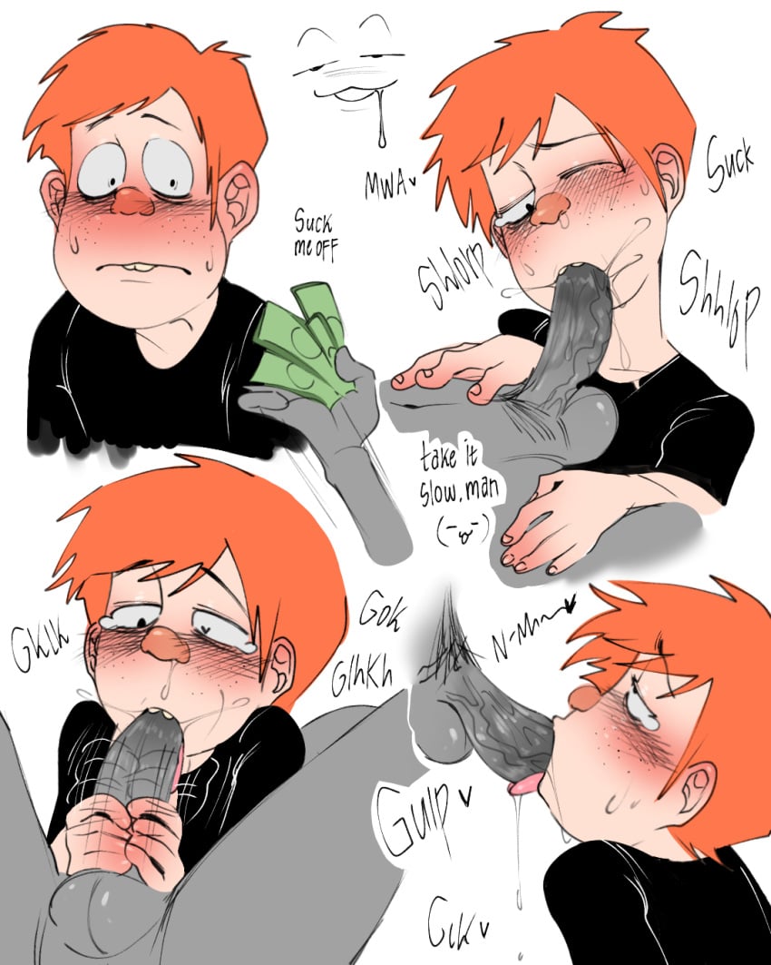 anon blowjob blowjob_face blush freckles ginger ginger_hair male male/male male_focus nerd rokokdude sucking_penis teeth_showing tongue_out toony