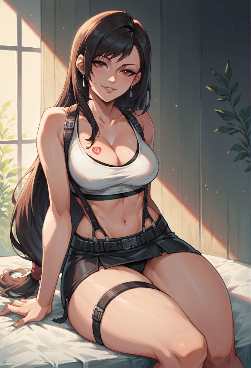 1girls ai_generated black_hair breasts cleavage clothed clothing earrings female female_only final_fantasy final_fantasy_vii final_fantasy_vii_remake large_breasts long_hair looking_at_viewer navel panties panty_peek queen_of_hearts red_eyes sitting skirt smile solo solo_female square_enix stomach tattoo thick_thighs thigh_strap thighs tifa_lockhart upskirt yuroart