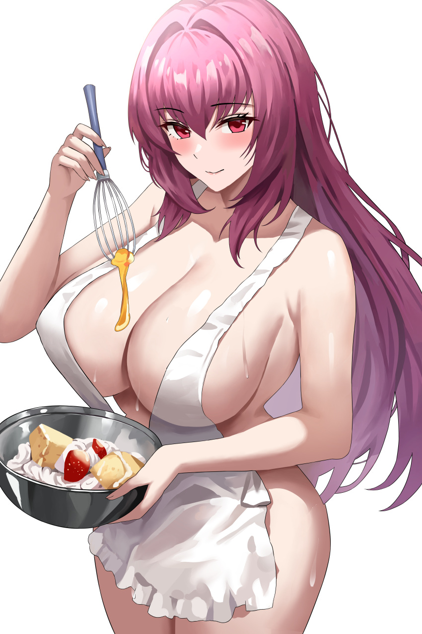 1girls apron apron_only breasts fate/grand_order fate_(series) female hi_res hips huge_breasts jasony light-skinned_female light_skin long_hair massive_breasts mature_female naked_apron purple_hair red_eyes scathach_(fate) simple_background thick_thighs thighs wide_hips