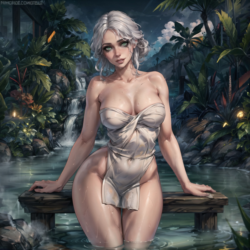 1girls abs ai_generated bath bathhouse bathing breasts cd_projekt_red ciri eyeshadow facial_scar female freckles gotonai green_eyes half_updo looking_at_viewer mascara pale-skinned_female petite runny_makeup scar seductive_eyes seductive_look seductive_mouth skellige slim smile solo the_witcher_(series) the_witcher_3:_wild_hunt tied_hair towel towel_around_waist wet_body white_hair