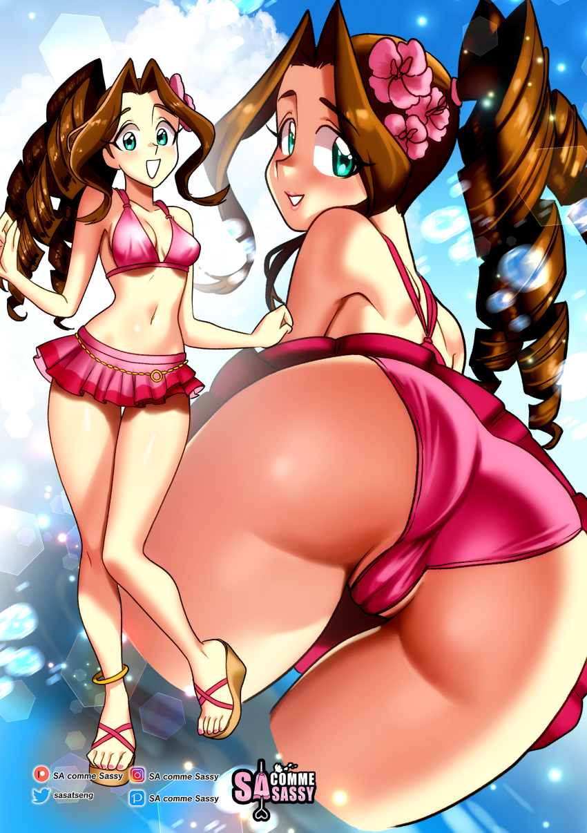 1girls aerith_gainsborough ass brown_hair cameltoe drill_hair female female_only final_fantasy final_fantasy_vii final_fantasy_vii_remake flower_in_hair green_eyes hi_res long_hair looking_at_viewer ponytail sasatseng smiling smiling_at_viewer solo square_enix swimwear very_high_resolution