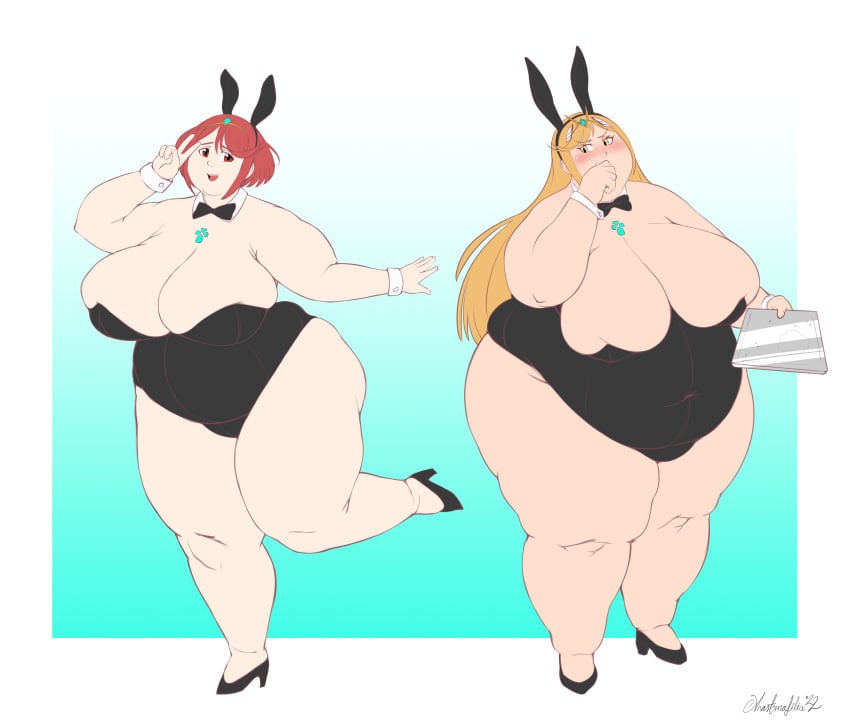 2023 2girls alternate_breast_size anastimafilia bbw belly blonde_hair blush breasts bunny_ears bunny_girl bunnysuit cleavage duo duo_focus fat fat_woman female_focus female_only heels hi_res high_resolution highres hips huge_belly huge_breasts huge_thighs matching_hair/eyes morbidly_obese morbidly_obese_female mythra obese obese_female overweight overweight_female peace_sign plump pyra red_eyes red_hair thick_thighs thighs voluptuous wide_hips xenoblade_(series) xenoblade_chronicles_2 yellow_eyes