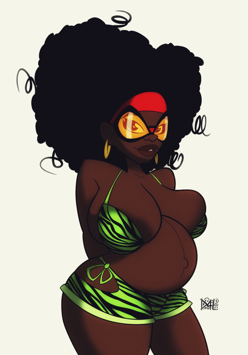 1girls 2d 2d_(artwork) afro areola_slip areolae belly big_belly big_breasts bikini canon_pregnancy dark-skinned_female dark_skin duck4_lunch duck4lunch female female_only giant_breasts glasses goggles hairband huge_breasts jessica_drew_(earth-332) marvel marvel_comics outie_navel pregnant solo spider-man:_across_the_spider-verse spider-man_(series) spider-woman spider-woman_(jessica_drew) thick_thighs tiger_print white_background wide_hips