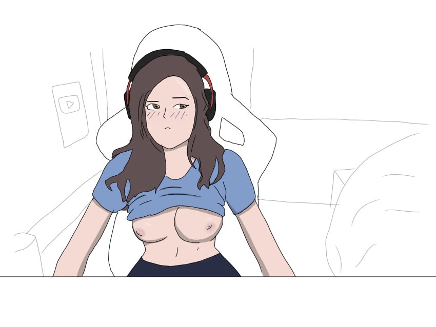 1girls blush boobs breasts female female_only headphones looking_away pokimane real_person shirt shirt_lift solo twitch.tv youtube