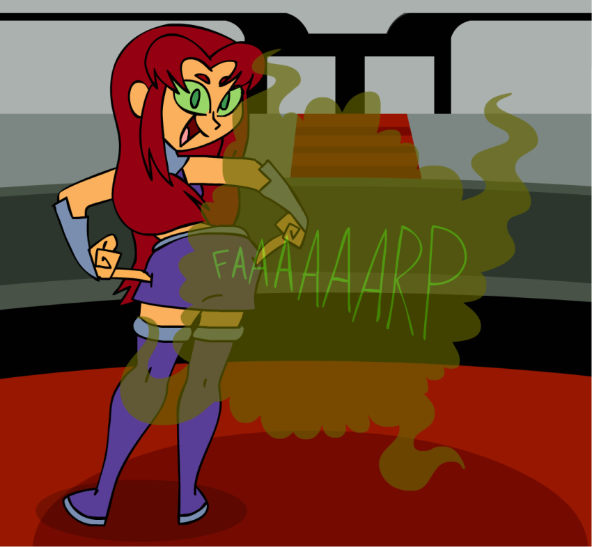 1girls animatedjames ass dc fart fart_cloud fart_fetish farting farting_at_viewer green_eyes looking_at_viewer looking_back looking_back_at_viewer open_mouth pointing_at_ass red_hair starfire teen_titans