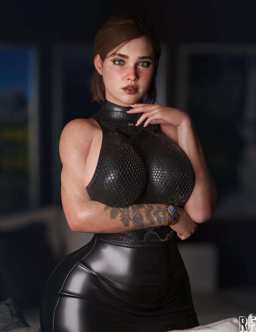 3d black_dress curvaceous curvy curvy_female dimly_lit ellie_(the_last_of_us) ellie_williams female freckles_on_face freckles_on_shoulders fully_clothed green_eyes highres large_breasts looking_at_viewer makeup no_penetration no_sex red_nail_polish rude_frog solo solo_female tattoo tattoo_on_arm the_last_of_us the_last_of_us_2