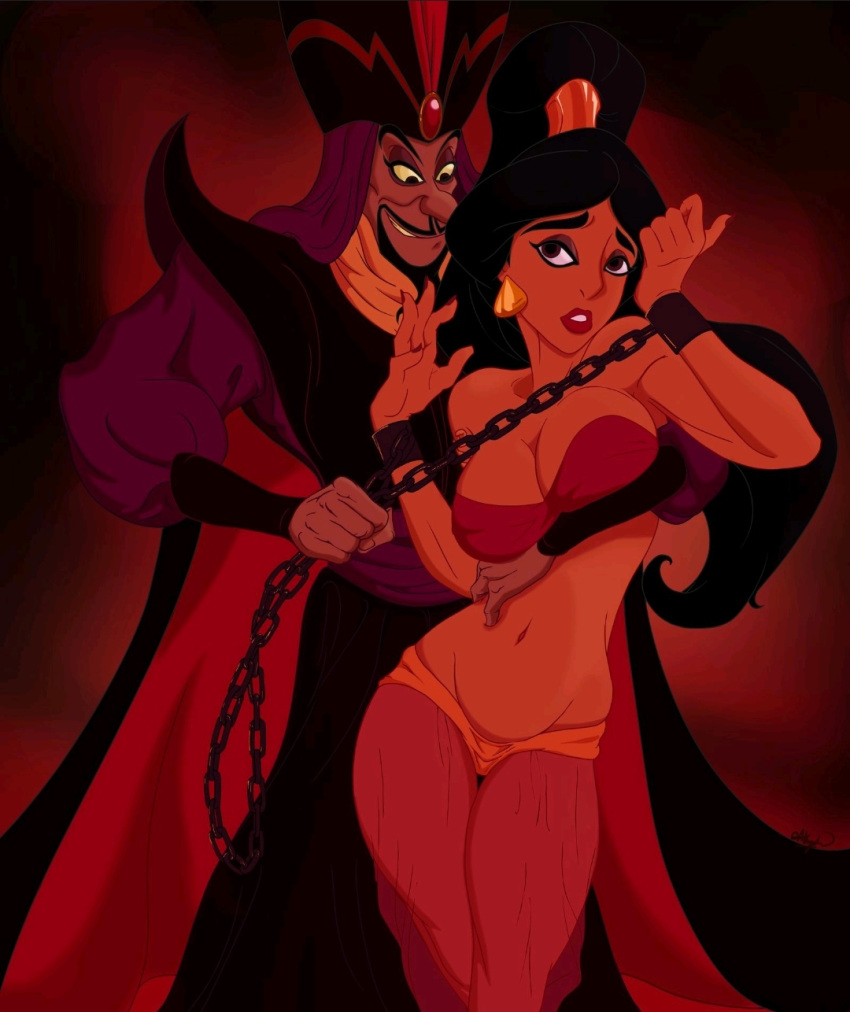 aladdin arabian_clothes bondage chained chains disney disney_princess disney_villains evil_queen_jasmine forced harem_outfit imminent_rape jafar jafar_harem_outfit male male_focus princess_jasmine slave slavegirl submission submissive submissive_female