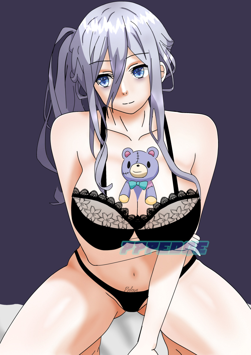 1girls 777edge blue_eyes breasts date_a_live female_only grey_hair light-skinned_female murasame_reine teddy_bear thighs underwear