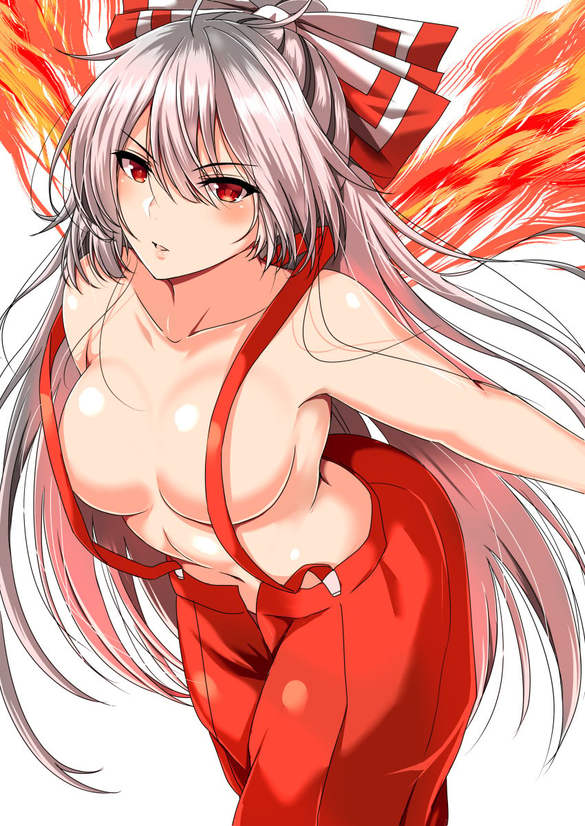 absurdres ar_(lover_boy) bare_arms bare_shoulders bow breasts collarbone female fujiwara_no_mokou hair_between_eyes hairbow highres large_breasts long_hair looking_at_viewer naked_overalls no_panties overalls pants red_eyes red_pants silver_hair simple_background solo suspenders topless touhou very_long_hair white_background white_bow