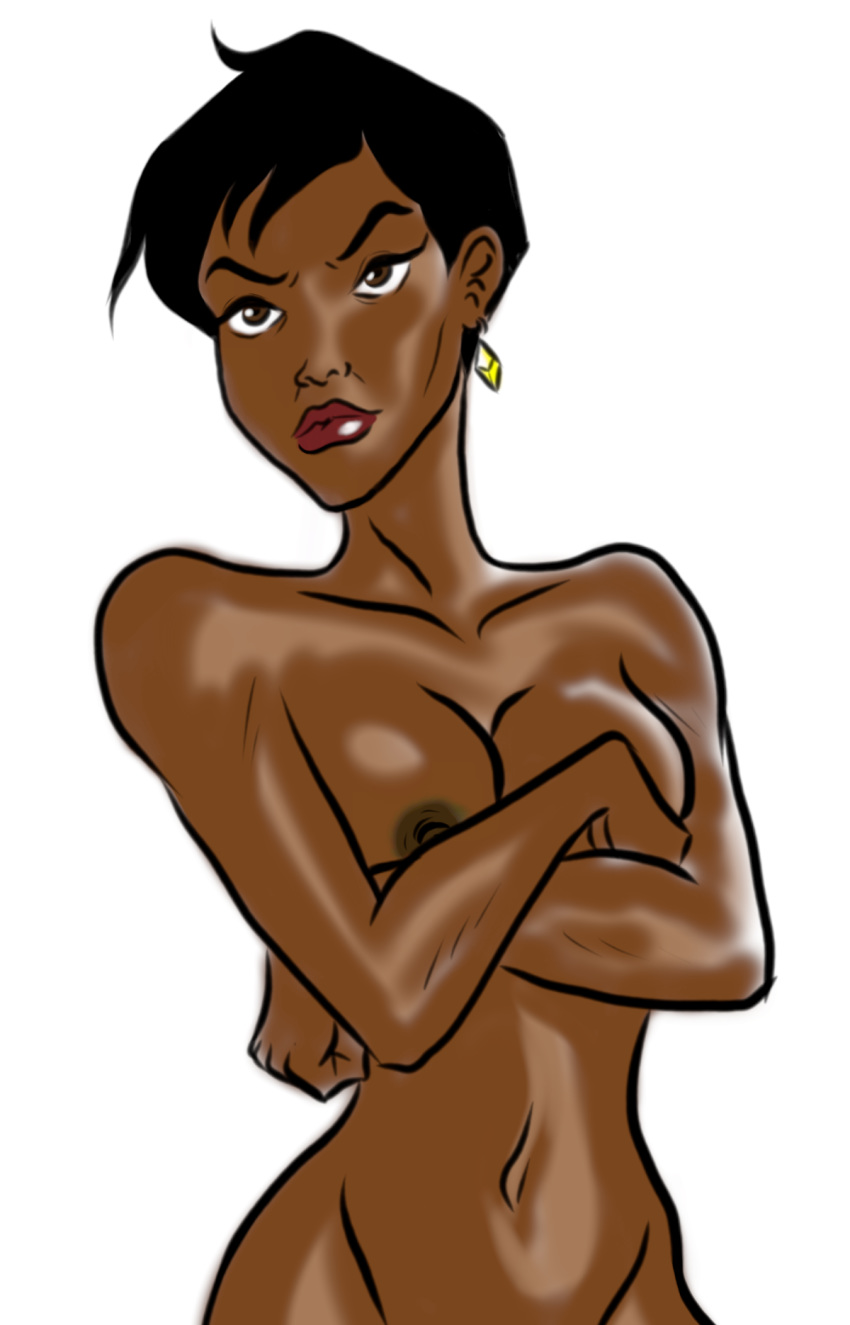 big_breasts big_hero_6 big_hero_6:_the_series black_hair breasts brown_eyes covering_breasts crossed_arms dark-skinned_female dark_skin disney disney_channel earrings female female_only marvel mature_female navel nipples nude nude_female professor_grace_granville red_lipstick short_hair solo upper_body white_background