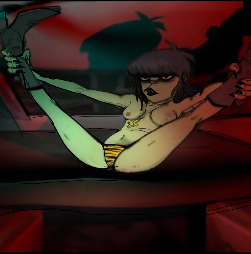 1girls bhajnalka98 biracial_female black_hair black_lipstick black_nails boobs breasts edit genderbend genderbent genderswap genderswap_(mtf) gorillaz holding_legs holding_legs_open inside_vehicle long_nails margot_niccals murdoc_niccals pattern_clothing pattern_underwear pink_nipples rule_63 sharp_nails sharp_teeth signature solo spread_legs spreading_legs thong tiger_print tits upside_down_cross